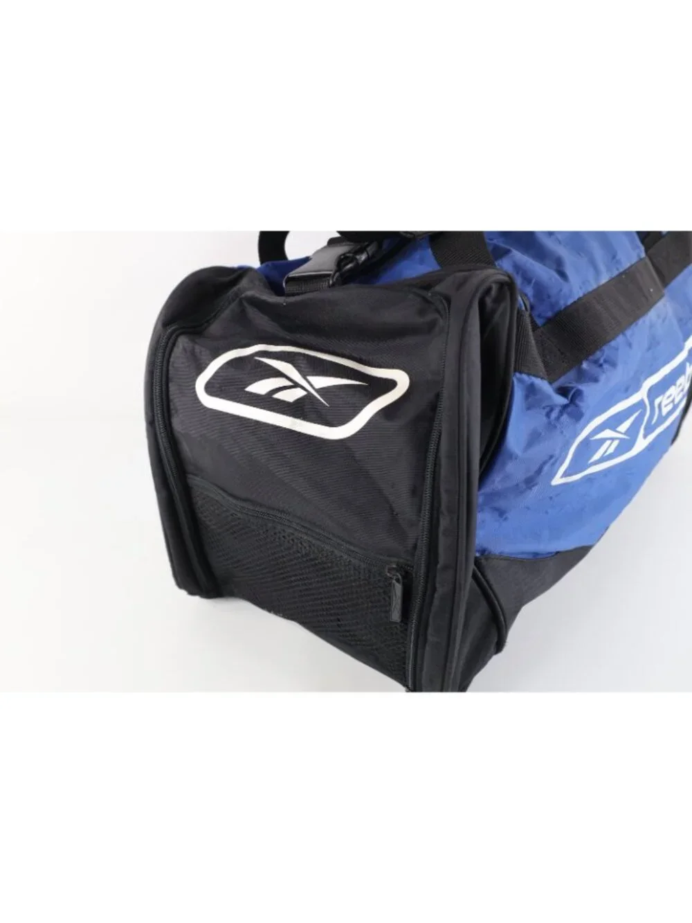 Vintage 90s Reebok Distressed Spell Out Handled Duffel Bag Gym Carry On Blue